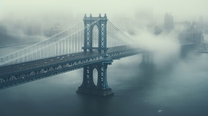 Manhattan Bridge in fog, top view
