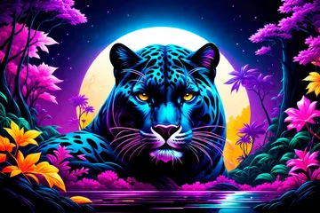 Foto op Plexiglas Animal graphic illustration. Abstract portrait of a adorable panther in glowing neon style. © elena_hramowa