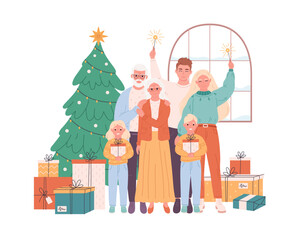 Family with children and grandparents celebrating Christmas or New Year. Christmas tree with presents. Vector illustration in flat style