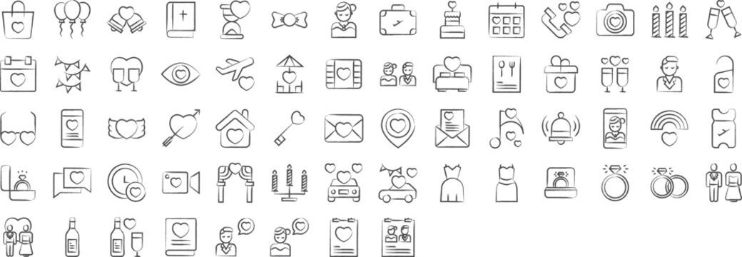 Wedding hand drawn icons set, including icons such as Bag, Ballon, Bed, Book, Bride, Bouquet, Decoration, and more. pencil sketch vector icon collection
