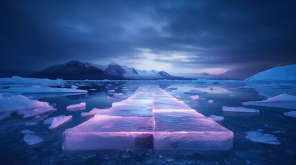 Winter landscape with glaciers. neon light. Blocks of ice on the water in Antarctica. Beautiful winter snow background. 3D illustration.	
