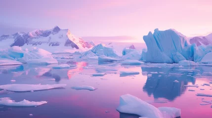 Schilderijen op glas Winter landscape with glaciers. neon light. Blocks of ice on the water in Antarctica. Beautiful winter snow background. 3D illustration.   © Terablete