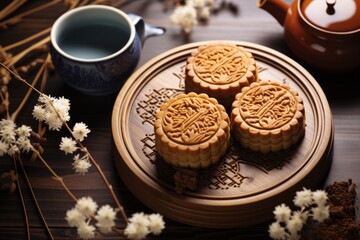 Obraz na płótnie Canvas A beautifully crafted Chinese mooncake, with its intricate design and golden-brown crust, placed on a traditional bamboo mat alongside a pot of tea, symbolizing Mid-Autumn Festival celebration