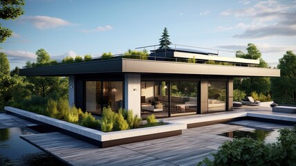 Fototapeta premium Luxury house with flat roof because the time for pointed roofs is over. Generative AI Technology