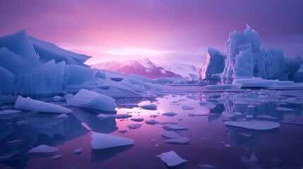 Winter landscape with glaciers. neon light. Blocks of ice on the water in Antarctica. Beautiful winter snow background. 3D illustration.	
