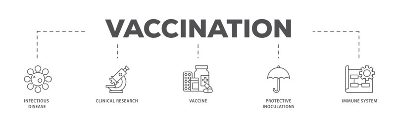 Vaccination infographic icon flow process which consists of virus infectious disease, vaccine clinical research, and protective inoculations icon live stroke and easy to edit .