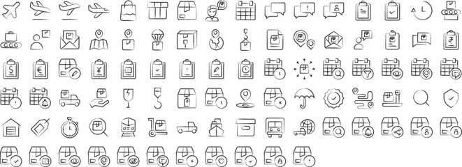 Fototapeta na wymiar Package Delivery and shipping hand drawn icons set, including icons such as Package, Airplane, Calendar, date, Clipboard, and more. pencil sketch vector icon collection