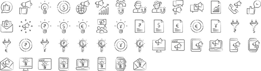 Banking and finance hand drawn icons set, including icons such as Chat, Creative, Dollar, Funnel, Euro, Focus, , and more. pencil sketch vector icon collection