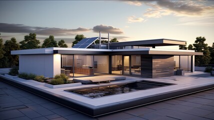 Fototapeta premium Luxury house with flat roof because the time for pointed roofs is over. Generative AI Technology