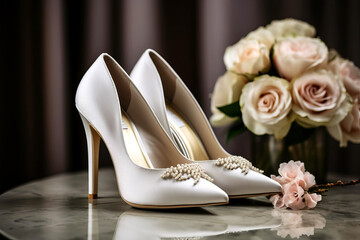 Graceful shoes for the bride's wedding dress are ondressing table.