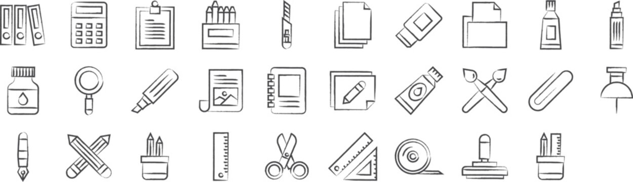 Art and craft tools hand drawn icons set, including icons such as Binders, Calculator, Clipboard, Crayons, Cutter, and more. pencil sketch vector icon collection