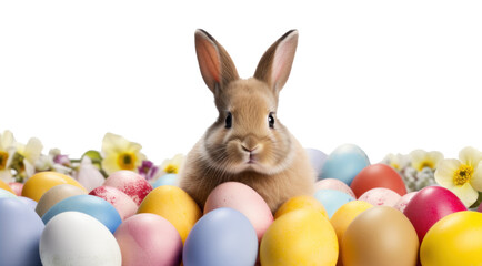 An brown Easter bunny sitting between many colorful Easter eggs and flowers, background, isolated
