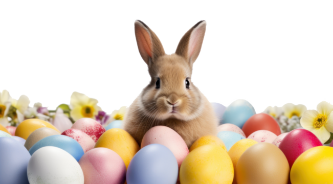 An brown Easter bunny sitting between many colorful Easter eggs and flowers, background, isolated - Powered by Adobe