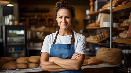 Foto op Canvas portrait confectioner, bread seller, smiling female seller, bakery employee, bakery shop, bread on shelves © elina
