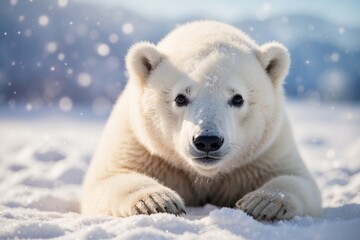 Fototapeta premium Cute baby polar bear in snow winter. ai generative