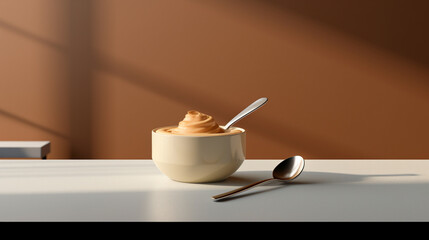 A tub of gourmet salted caramel ice cream, with a creamy and smooth texture. The tub is presented on a minimalist table with neutral colors and a modern spoon next to it. In the background a smooth br - obrazy, fototapety, plakaty