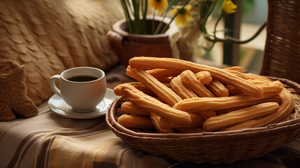 Freshly made churros, sprinkled with sugar and cinnamon, served in a wicker basket with a cup of...