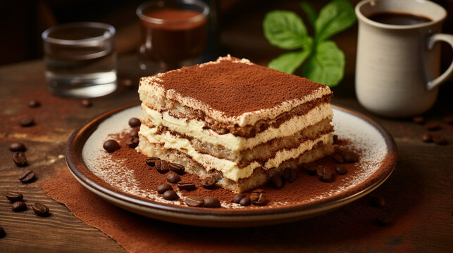 An image of a classic Italian tiramisu shows well-defined layers of sponge cake and mascarpone, dusted with cocoa powder. A cup of espresso and scattered coffee beans