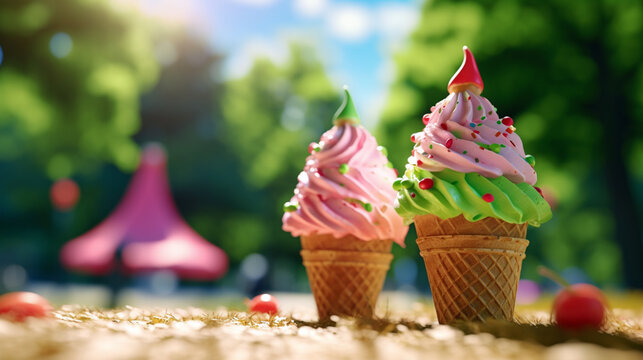 Image of two crunchy ice cream cones, the first with two scoops of ice cream, one pink and below it a green one, the second ice cream furthest away is only pink. The colors of the ice creams are vibra