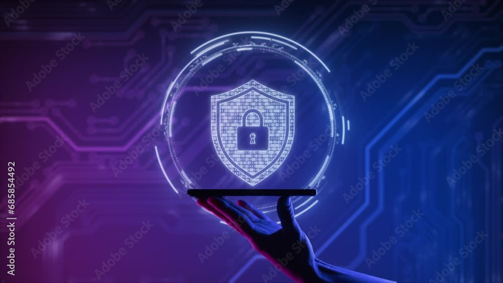 Poster security hologram virtual hud pin with shield and lock. concept of finance data privacy and smartpho