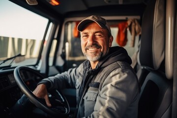 Cheerful truck driver, steering with a smile, dedicated to efficient cargo transportation.