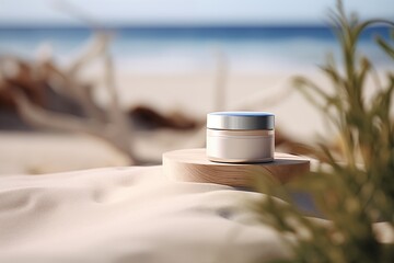 a jar of cream on a wooden podium against the background of the sea and sand , a cosmetic mockup