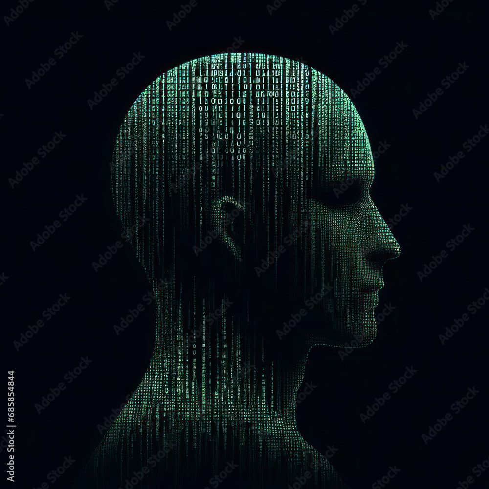 Aufkleber human silhouette made from binary codes in green color on solid black background. ai generative