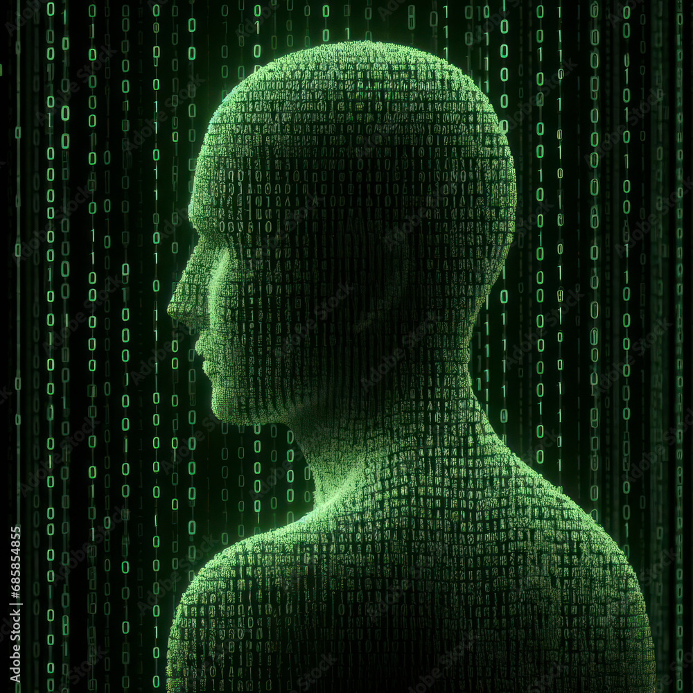 Aufkleber human silhouette made from binary codes in green color on solid black background. ai generative