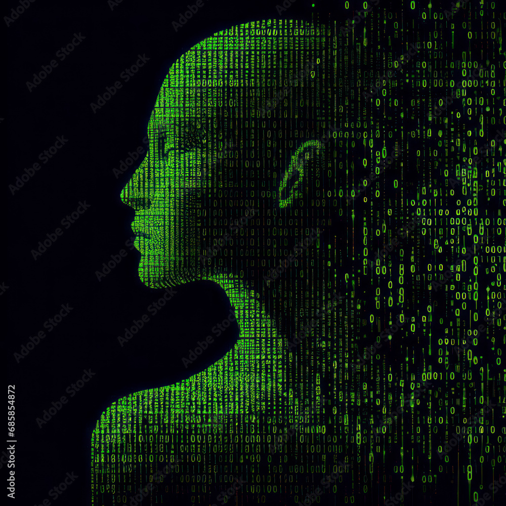Aufkleber human silhouette made from binary codes in green color on solid black background. ai generative