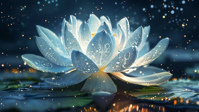 White lotus with glowing and flying particles