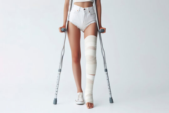 cute woman with broken leg bandaged with white bandages standing on crutches on solid white background. ai generative