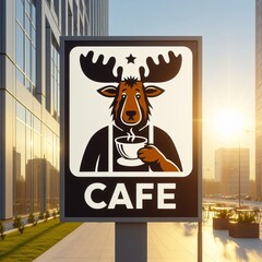 Positive Cartoon hipster moose with a mug of coffee on a cafe street sign on a sunny morning near office buildings