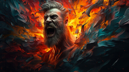 Fantasy portrait of a screaming man with a beard and hair in the flames of fire. Concept of anger and aggression - obrazy, fototapety, plakaty