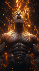Fototapeta na wymiar Shirtless muscular man with open mouth screaming in the flames. Bodybuilding and workout concept.