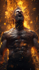 Fototapeta na wymiar Shirtless muscular man with open mouth screaming in the flames. Bodybuilding and workout concept.