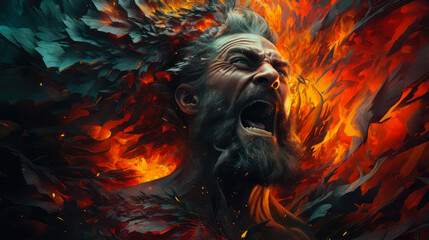 Fantasy portrait of a screaming man with a beard and hair in the flames of fire. Concept of anger and aggression