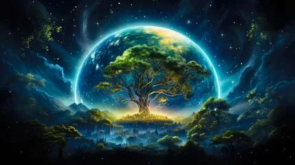 Printed roller blinds Full moon and trees Fantasy landscape with tree and planet in the night. Ecology and environment concept.