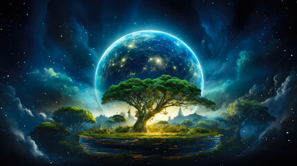 Fantasy landscape with tree and planet in the night. Ecology and environment concept.