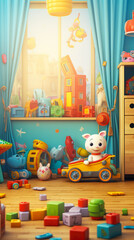 Colorful interior of children room with furniture and toys. Cartoon style.