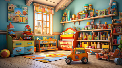 Colorful interior of children room with furniture and toys. Cartoon style. - obrazy, fototapety, plakaty