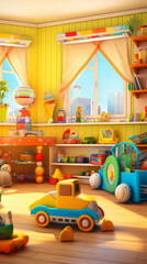 Colorful interior of children room with furniture and toys. Cartoon style.
