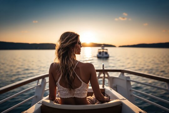 view from behind woman relaxing on a luxury boat. ai generative