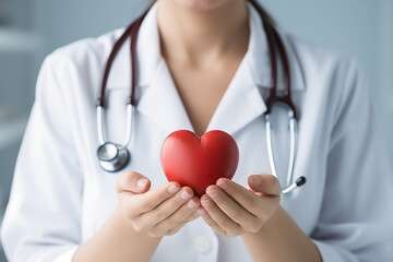 Front view of female doctor with stethoscope holding red heart. Heart care and health concept