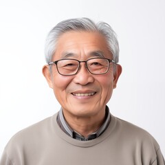 portrait of old senior asian male man with glasses . white background . generative ai