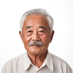 portrait of old senior asian male man with mustache . white background . generative ai