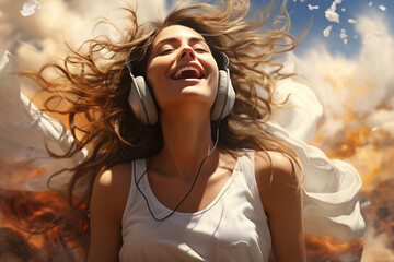 Cheerful yoga young girl in white dress with headphones smiling and jumping while listening to music against light heaven background, dream-like quality, photorealistic fantasies, AI Generative