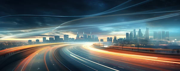 Tuinposter a city with light trails on a highway at night time, in the style of light teal and orange © Koray