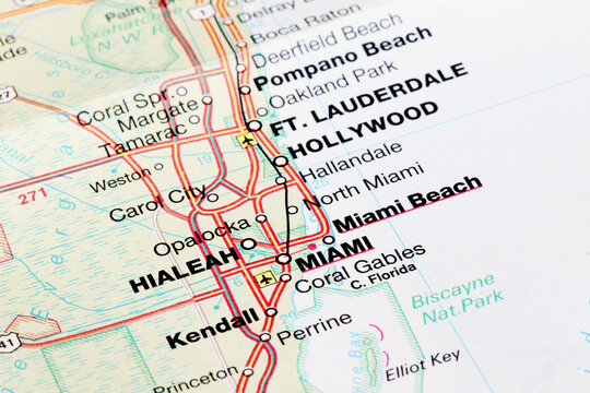 Miami, United States - November 29, 2023: Miami city road map. Closeup macro view