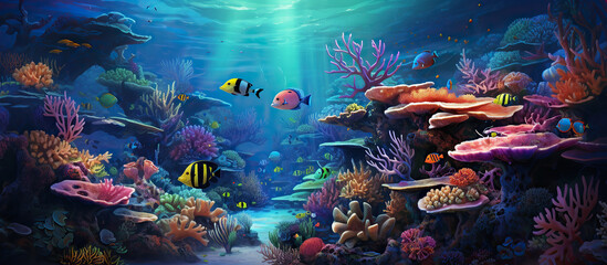 Fototapeta na wymiar Amazing under ocean landscape with lots of fishes. Sunrays from above
