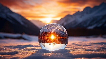 Reflection of the winter mountain landscape in Lensball. Snow globe in the mountains